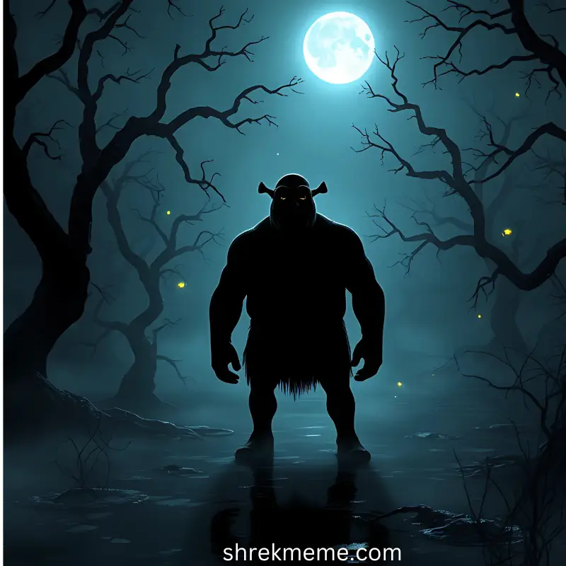 “What happens when you leave the swamp at night…” (image of a haunted Shrek silhouette) like this.